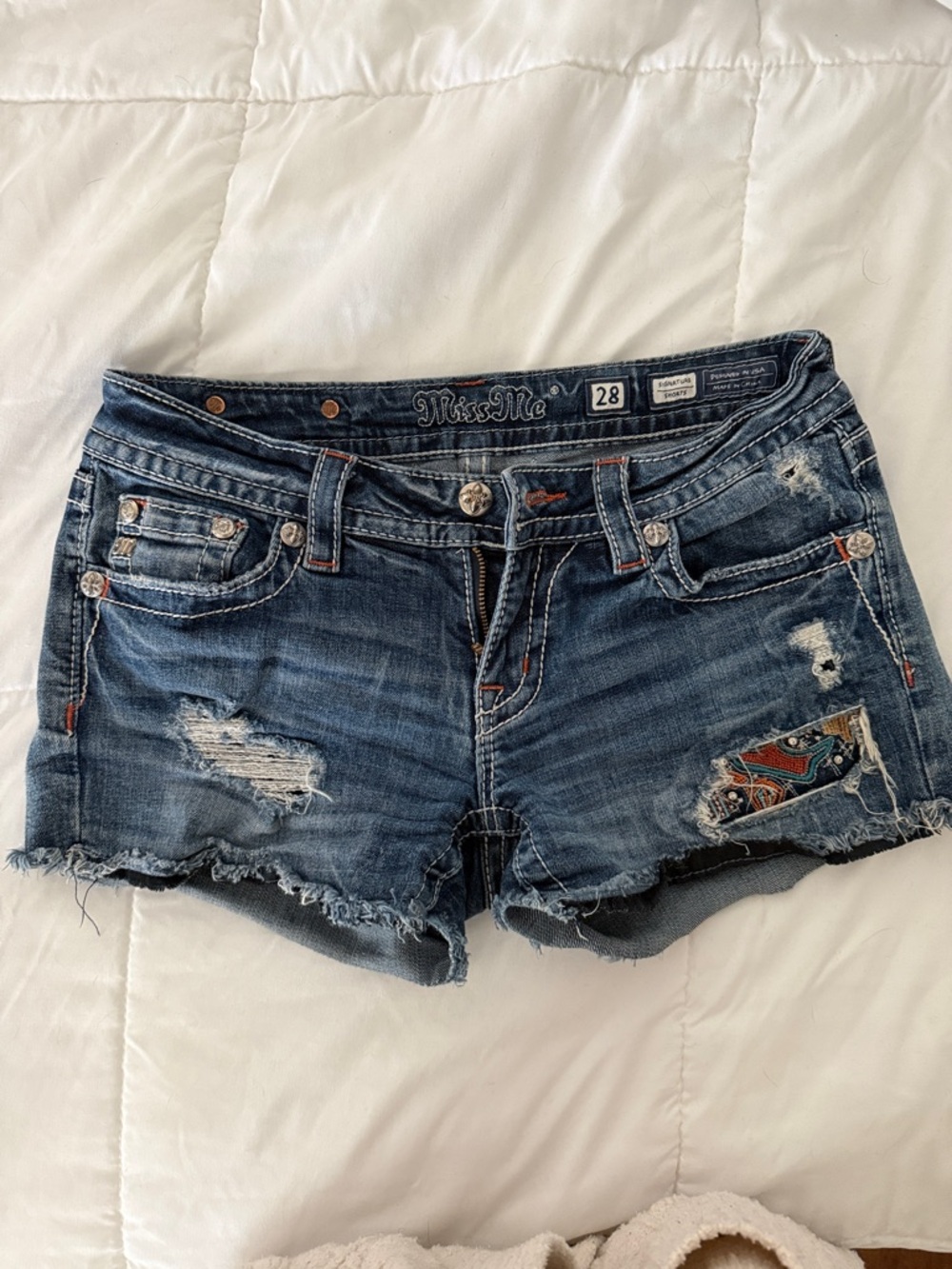 Miss Me Blue Distressed Denim Lowrise Shorts
